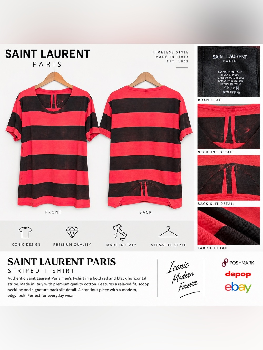Saint Laurent Red and Black Horizontal Stripe Short Sleeve Tee